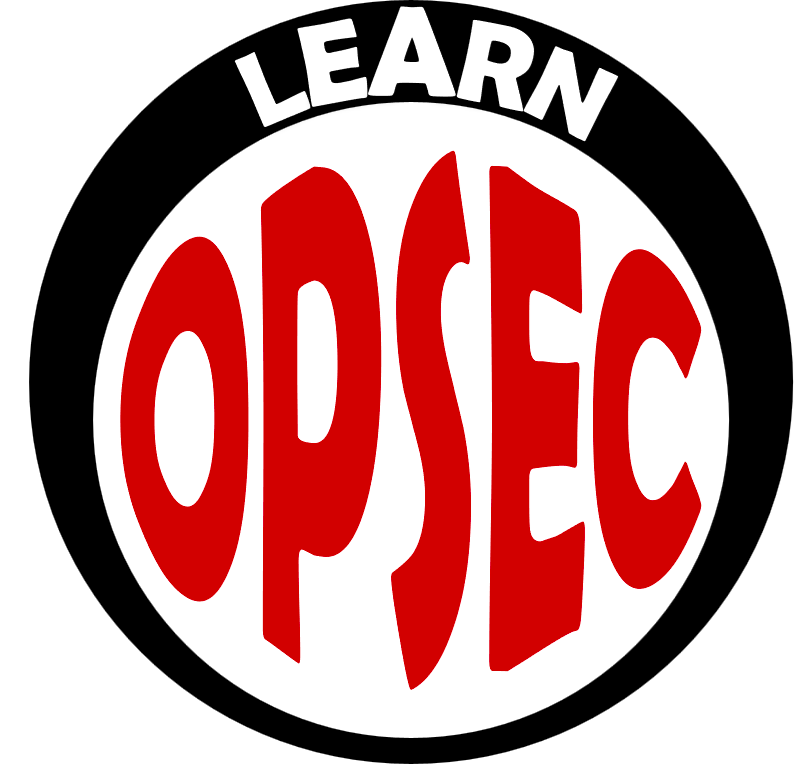 Two concentric circles, mimicking an eye. The outer circle is black with white text, the inner circle is white with read text. The text reads "Learn OPSEC"